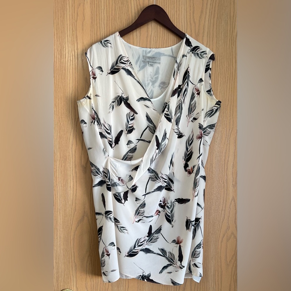 AllSaints | SZ US 8 | Silk Sheath Dress | Mini Airie Canna Feather Print